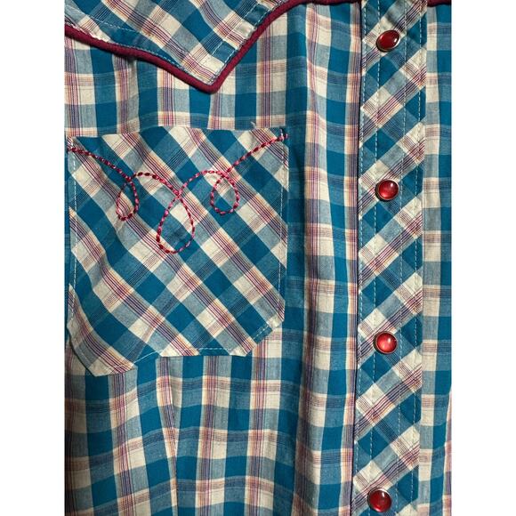 Bit & Bridle Snap Blue Plaid Western Shirt M Womens Pink Trim - Picture 5 of 10